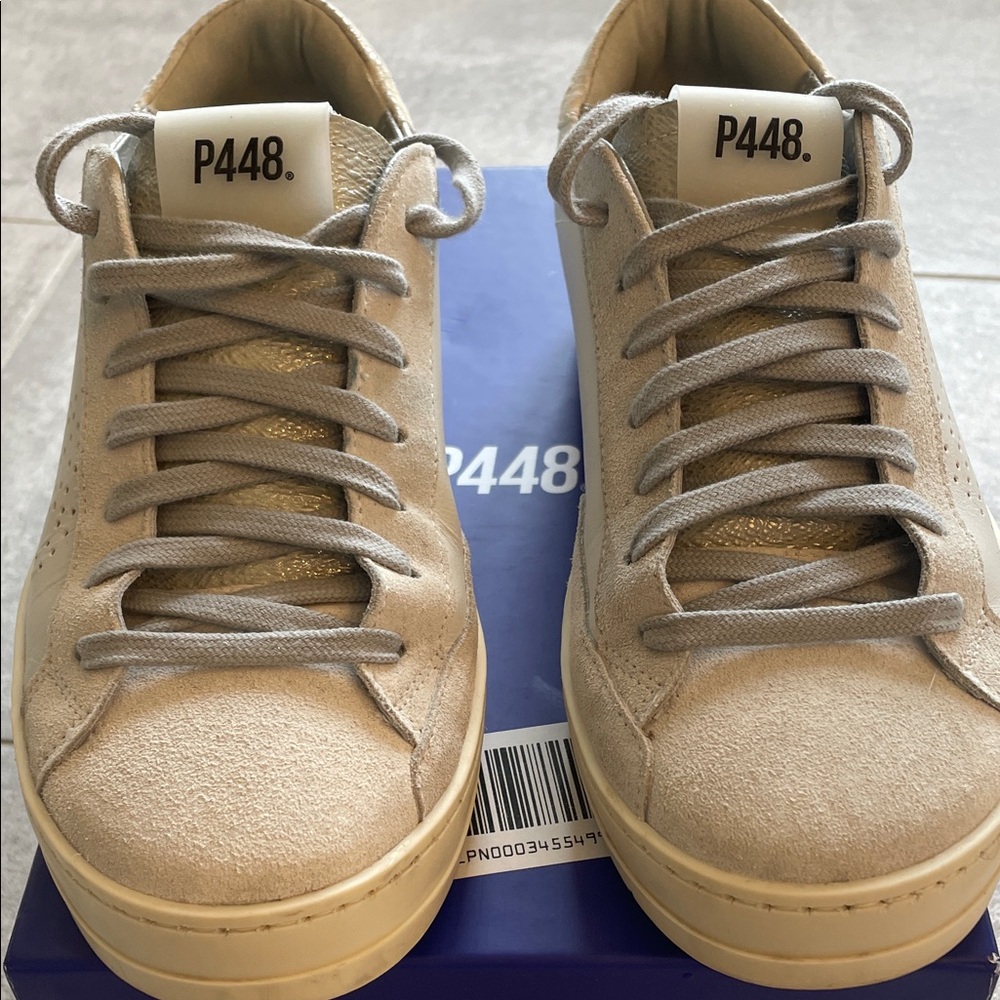 P448 Beige Suede Low-Top Sneakers with Light Gray Laces